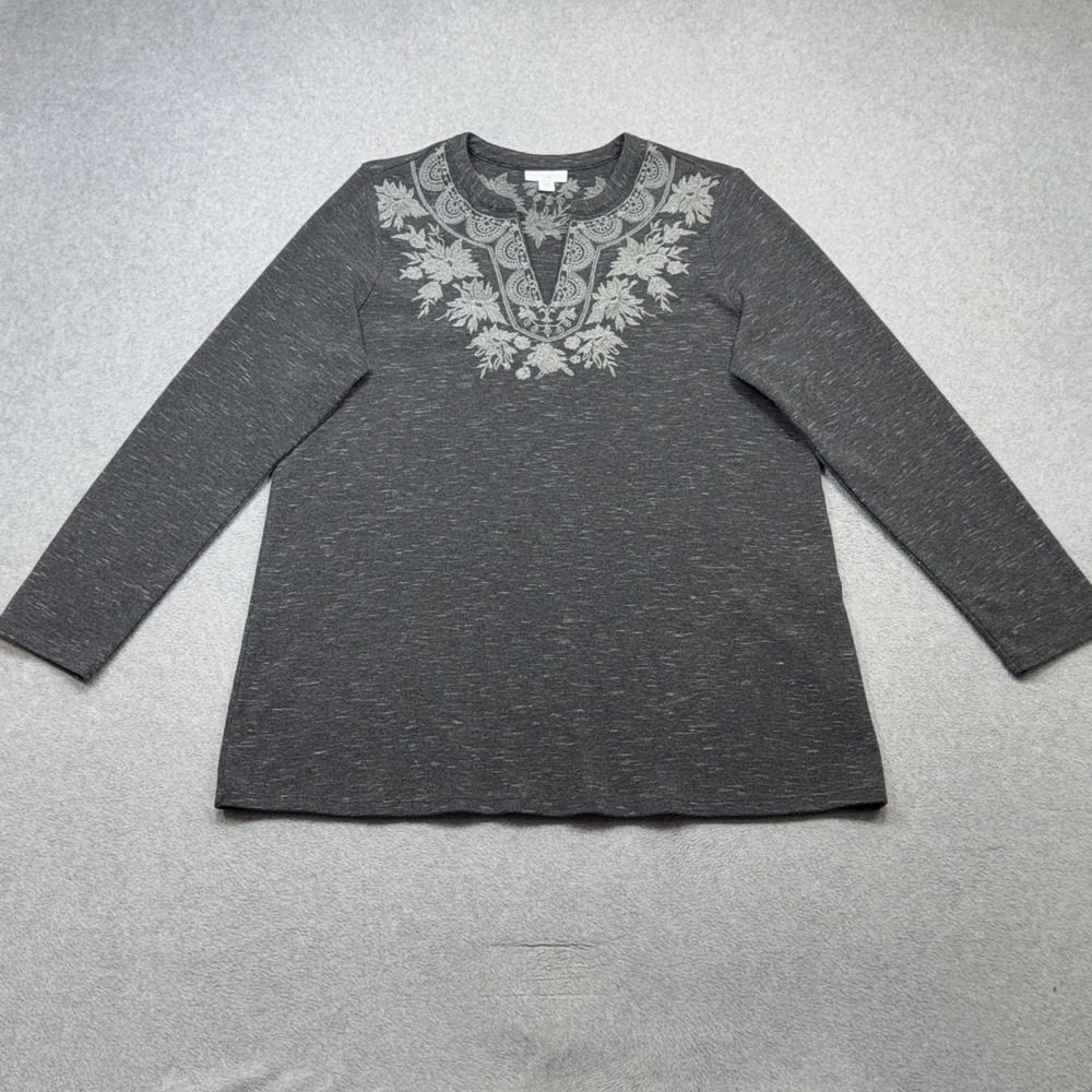 J Jill Shirt Womens Medium Gray Embroidered Floral Long Sleeve Waffle Knit